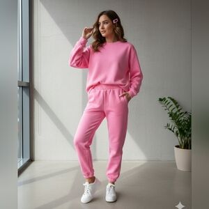 Pink Set, Vibrant Pink Jogger Set W/ Pockets Sweatshirt And Joggers